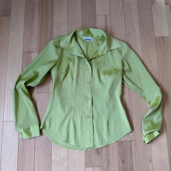Vintage 90s Dynamite Lime Green Satin Shirt – Fitted Shimmery Button-Up (Size S) - Picture 3 of 8